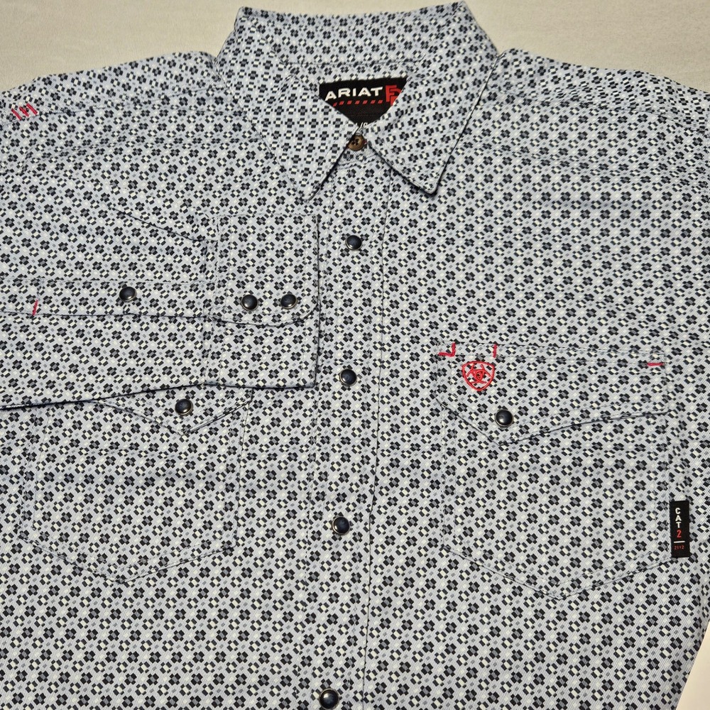 Ariat FR Tom Work Shirt Mens Large Blue Geometric Pearl Snap Flame Resistant NEW